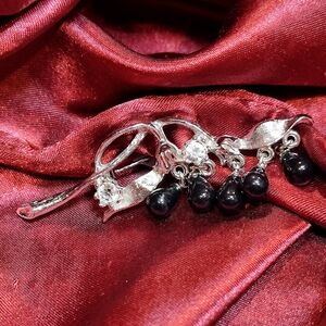 Vintage Silver Tone Brooch With Dangling Black Beads & Sparkling Rhinestones